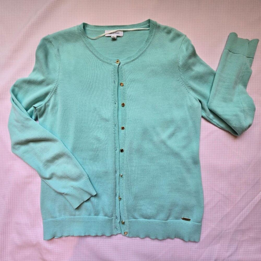 Calvin Klein Turquoise Fine Knit Crew Neck Cardigan Sweater Gold Hardware Sz M